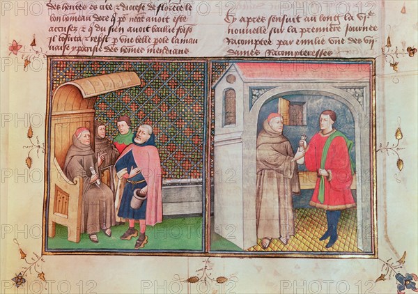 Miniature with scenes of 'La requisitoria de la Inquisición'.