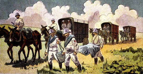 Morocco's War (1909-1913), the Red Cross transporting the injured men to hospitals, drawing of th?
