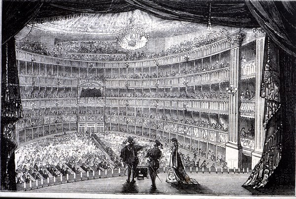 View of the stalls of the Teatro Real in Madrid, built in 1850, from the stage, engraving, 1870.