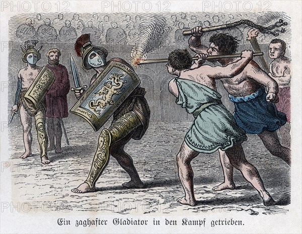 Roman circus, the cowardly gladiator is egged on to fight, engraving, 1866.