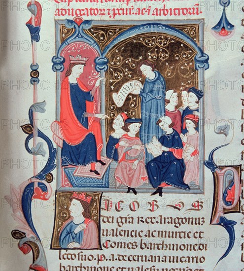 King James I the Conqueror (1213 - 1276) chairing a session of the Parliament. Miniature in the '?