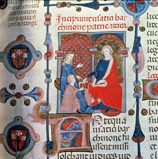 'The Collector (Pere Albert) featuring the codex to the prince', Miniature in the 'Usatges de Ba?