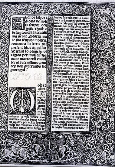 Front page of the print edition in Valencia in 1490 for 'Tirant lo Blanch', by Joanot Martorell.