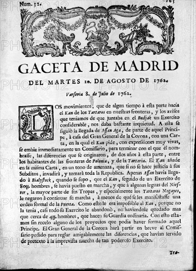 Cover of the 'Gaceta de Madrid', nº 320, on Tuesday August 10, 1762, published in Madrid in the H?