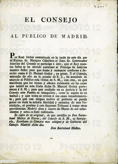Royal Order of confiscation of properties and arrest of Manuel Godoy issued in Madrid on March 19?