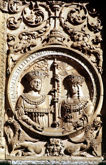 Medallion on the façade of the University of Salamanca with the Catholic Kings.