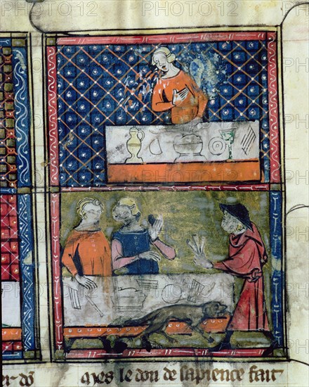 Lady with a table set for a banquet (quarter 2) and man and woman before a table and man with a h?