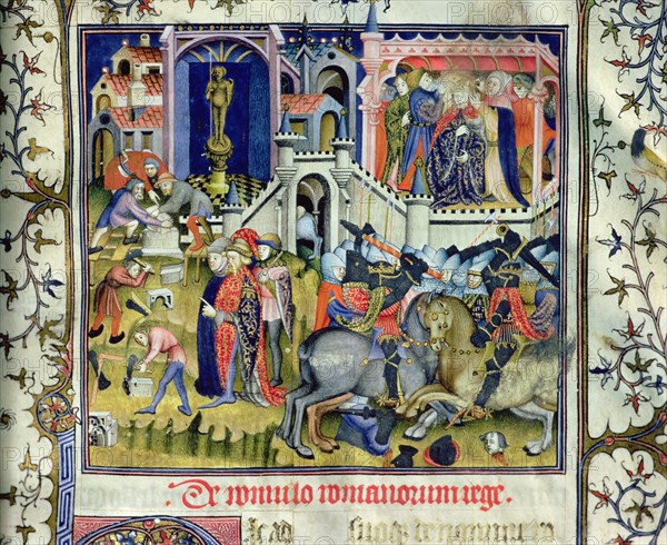 Foundation of Rome (c. 753aC), duel on horseback and coronation of a king. Miniature in 'De viris?