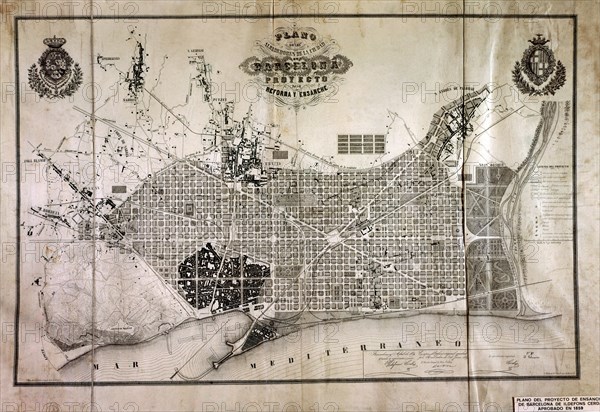 Map of the project of expansion of the city of Barcelona, ??approved in 1859, by Ildefonso Cerda.