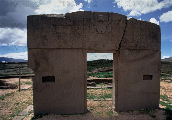 Sun Gate, monolith decorated with god Viracocha, in the ruins of Tiahuanaco.