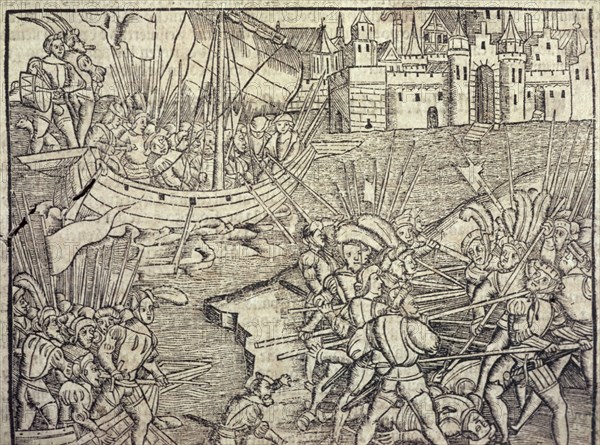 Episodes of the conquest of Peru, illustration from the book 'Historia General de las Indias y Nu?