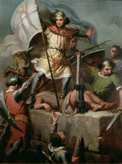 Ramon Berenguer III the Great (1082 - 1131) driving the flag of Barcelona in the tower of the cas?