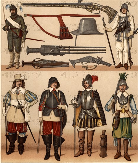 Various weapons and uniforms of French archebusier soldiers and musketeers.