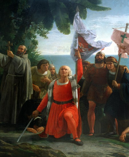 Christopher Columbus, first landed in America, oil, 1862.