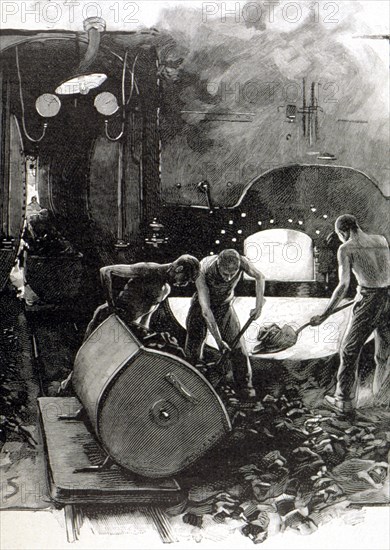 Loading of coal into the boilers of a blast furnace, engraving in 'L'Illustration Française' of A?