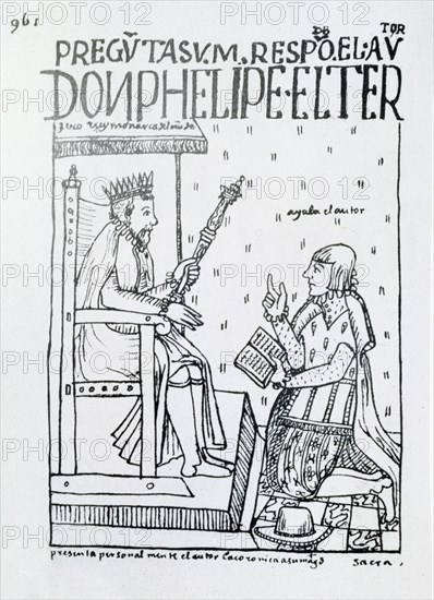 Poma de Ayala appears prostrate before the King Philip II, illustration in 'Nueva Crónica y Buen ?