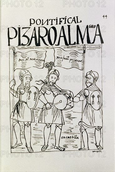 Francisco Pizarro and Diego de Almagro with a flageolet player of Castile, illustration from the ?