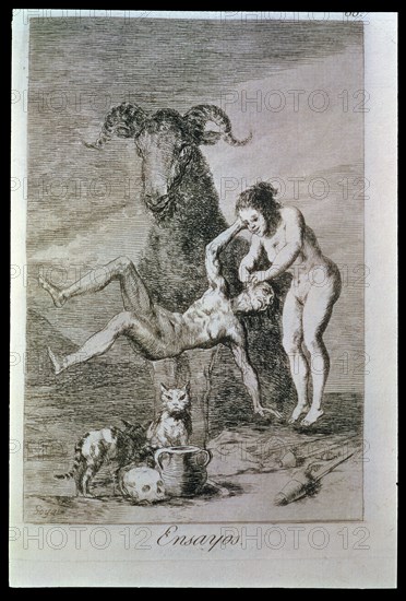 Los Caprichos, series of etchings by Francisco de Goya (1746-1828), plate 60: 'Ensayos' (Trials),?
