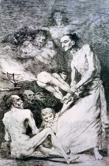 Los Caprichos, series of etchings by Francisco de Goya (1746-1828), plate 69: 'Sopla' (Gust the w?
