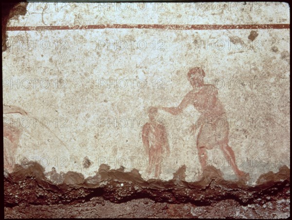 Scene of a baptism, fresco from the catacombs of St. Callistus in Rome.