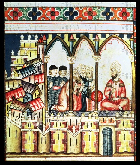 Almohad governor conducting a war council in his castle, the Alcázar of Seville, Miniature in the?