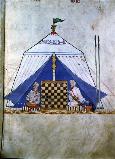 Moor and Christian playing chess inside a tent. Miniature in the 'Book of the games, chess, dice ?