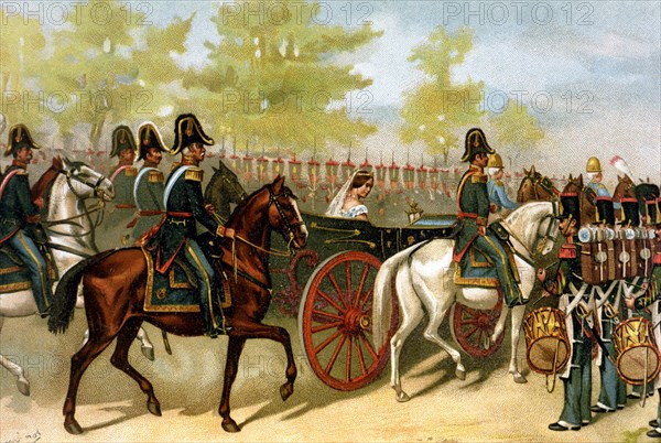 Reign of Elizabeth II (1833 - 1868), review of the troops and the National Militia in Madrid, 1865.