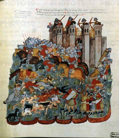 Battle scene, miniature in the Bible of the Alba House, 1430.