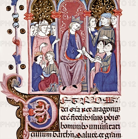 The King Ferran and his court, Miniature in the 'Llibre dels Usatges i Constitucions de Catalunya?