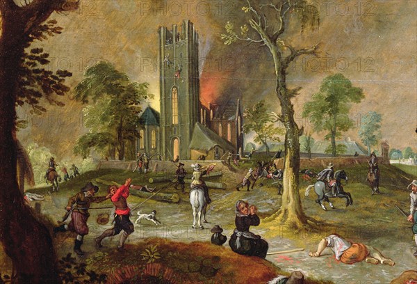 Sacking of a village in Flanders by Spanish troops during the war in the Netherlands.
