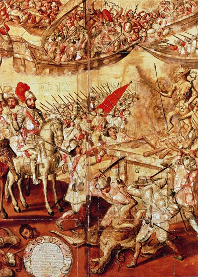 Conquest of Mexico, 'Hernan Cortes orders to burn and destroy the idols', detail of a nacred pain?