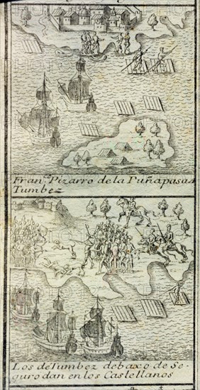Francisco Pizarro of Puña arrives to Tumbez'. Pizarro arrived with 180 men and three ships to Tum?