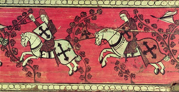 Christian Knights in a fight or sports scene. Painting on wood, possibly Aragonese coffered ceili?
