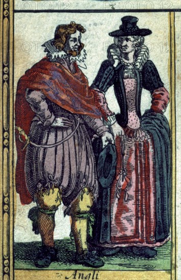 British types, colored engraving from the book 'Le Theatre du monde' or 'Nouvel Atlas', 1645, cre?