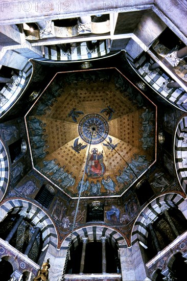 Palatine Chapel of Charlemagne, interior view of the dome with mosaics.