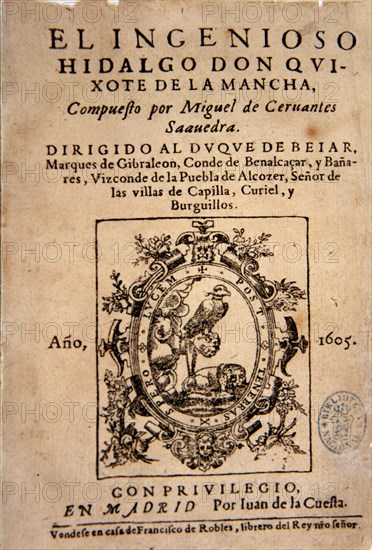 Cover of the first edition of the book 'Don Quijote de La Mancha', Madrid, Juan de la Cuesta, 1605.