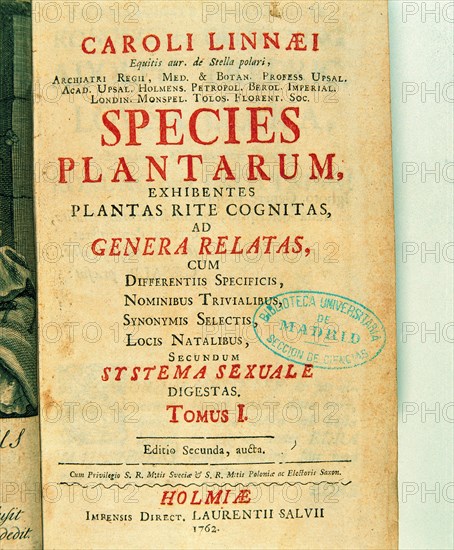 Title page of 'Species plantarum', by Charles Linnaeus, 1762.