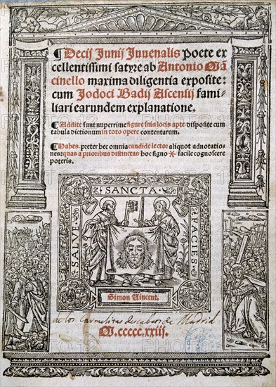 Cover of the play 'Satires' by Decimus Junius Juvenal, edition of 1523.