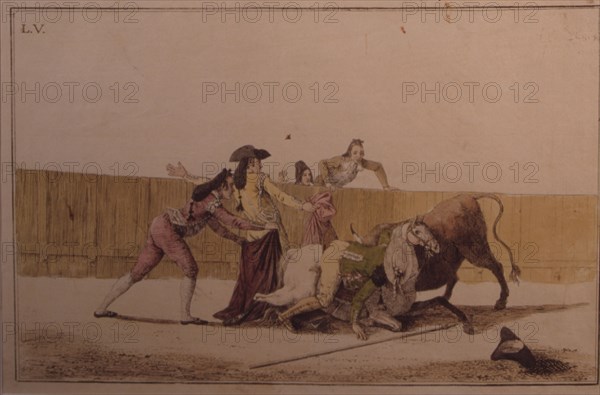 'Suerte de Varas' (Bullfighting stage), colored engraving by Antonio Carnicero.