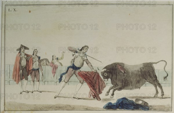 'Suerte de Matar' (Bullfighting stage), colored engraving by Antonio Carnicero.