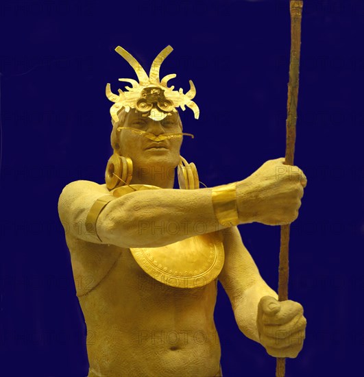 Torso of a warrior with helmet, chest, nose protection, earrings and gold bracelet.