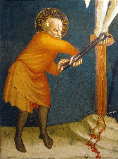 Descent from the Cross' detail of a man removing the nails of the foot of Christ with tongs, from?