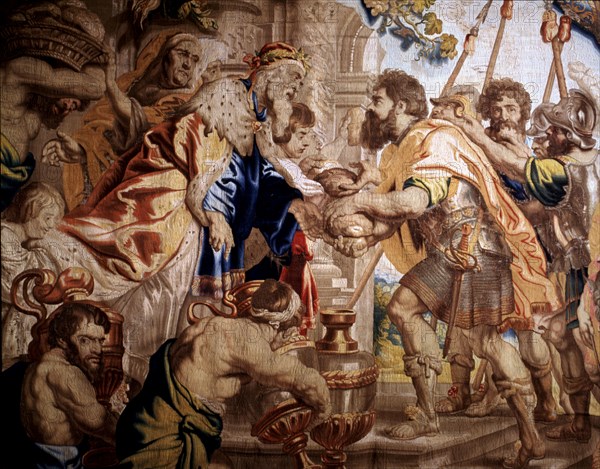 Detail of a tapestry with the 'Meeting of Abraham and Melchizedek' woven in Brussels by Raes Jeans.
