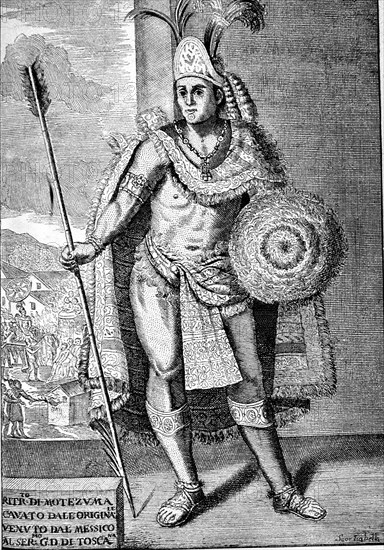 Moctezuma, the Aztec emperor between 1440-1469, engraving  in the book 'History of the Conquest o?
