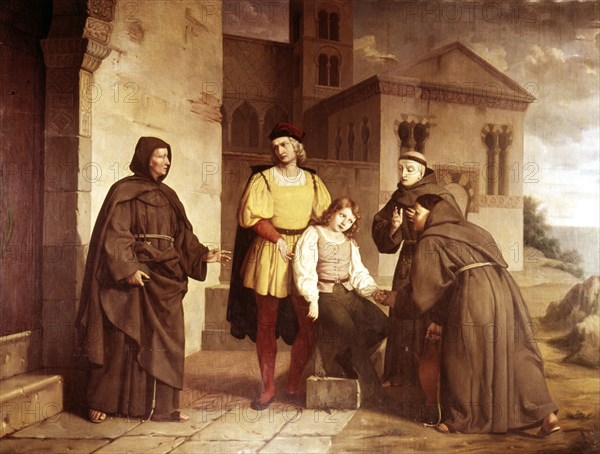 Columbus before the Monastery of La Rabida' Christopher Columbus (1451-1506), Genoese navigator.