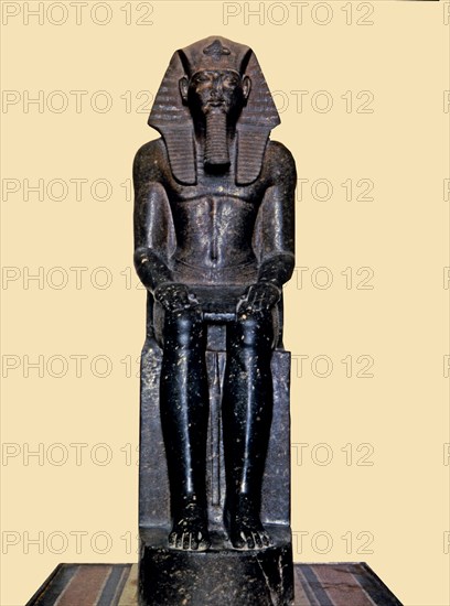 Front view of the seated statue of Ramses II, made in diorite, it comes from Tanis.