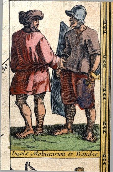 Types from the Moluccas and Banda, colored engraving from the book 'Le Theatre du monde' or 'Nouv?