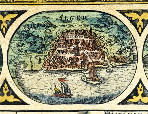 Algiers, colored engraving from the book 'Le Theatre du monde' or 'Nouvel Atlas', 1645, created, ?