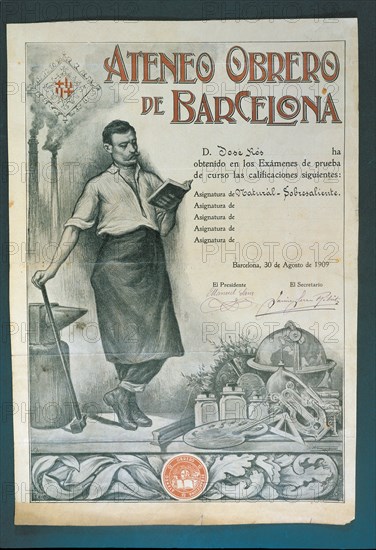 Qualification Diploma awarded by the Ateneo Obrero de Barcelona, 30 August 1909.