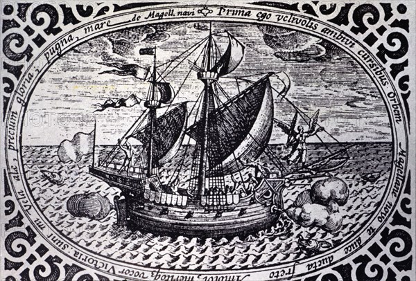 Engraving showing the ship Victoria with which Magellan circumnavigated the Earth between 1519 an?